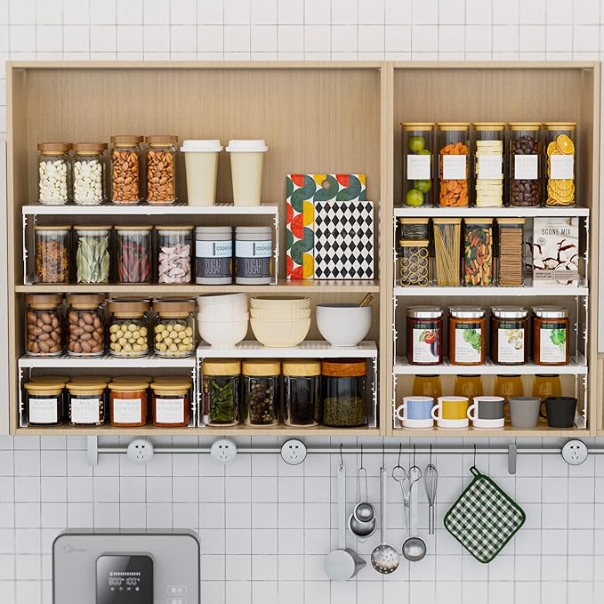 Stackable Expandable Metal Shelf Organizer - Adjustable Wire Storage Rack with Holes for Kitchen, Bathroom, Cabinet, Office - Space Saving, Durable & Sturdy Design（3PACKS/Large/White