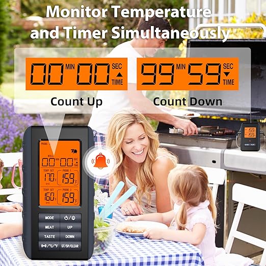Remote Meat Thermometer Wireless, Vauno Wireless Meat Thermometer for Grilling and Smoking with Dual Meat Probe, Kitchen Timer, Digital Cooking Food Thermometer for Smoker BBQ Oven Outside Grill