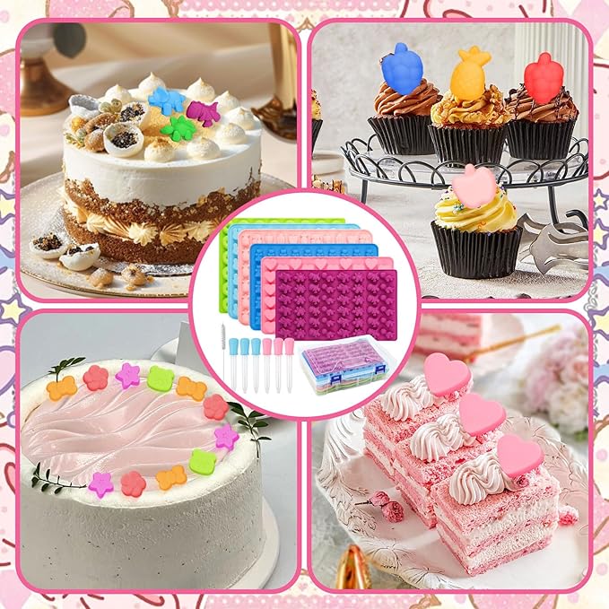 6 Pcs Gummy Bear Molds Silicone, Non-Stick Chocolate Candy Gummy Mold, Animal desserts Gummy Molds With 6 Droppers Clean Brush Storage Box, Including Love Bear Rabbit Mini Donut Fruit Animals Shaped