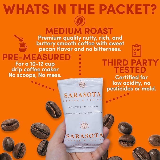 Sarasota Coffee Packs Bulk Ground Packets | Southern Pecan Flavored | Gourmet Assorted Gift Set Sampler | Low Acid Mold Free Individual Pouches for 12 Cup Coffee Maker | 1.75 Oz Bags, 100 Count