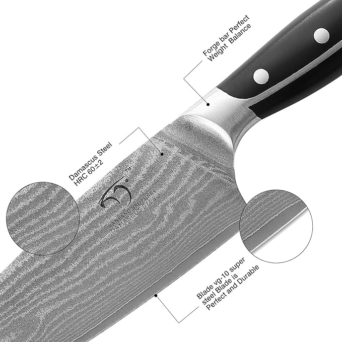 Damascus Knife Set with Block – 9-Piece VG10 67-Layer High Carbon Steel Kitchen Knives, Triple-Riveted Pakkawood Handles, Chef, Santoku, Utility, Bread & Paring Knives, Sharpener & Shears
