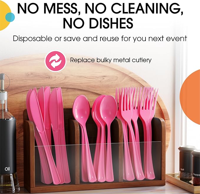 Party Solids Hot Pink Plastic Silverware Heavy Duty 300 Pieces Hot Pink Plastic Cutlery Sets, Utensil Sets, 100 Of Each Forks, Knives & Spoons Disposable Cutlery Set, Flatware Set For Party Supplies