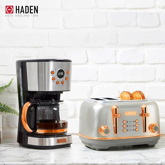 Haden Heritage 4 Slice Wide Slot Stainless Steel Toaster Bundled with 12 Cup Programmable Drip Coffee Maker Coffee Machine, Steel & Copper