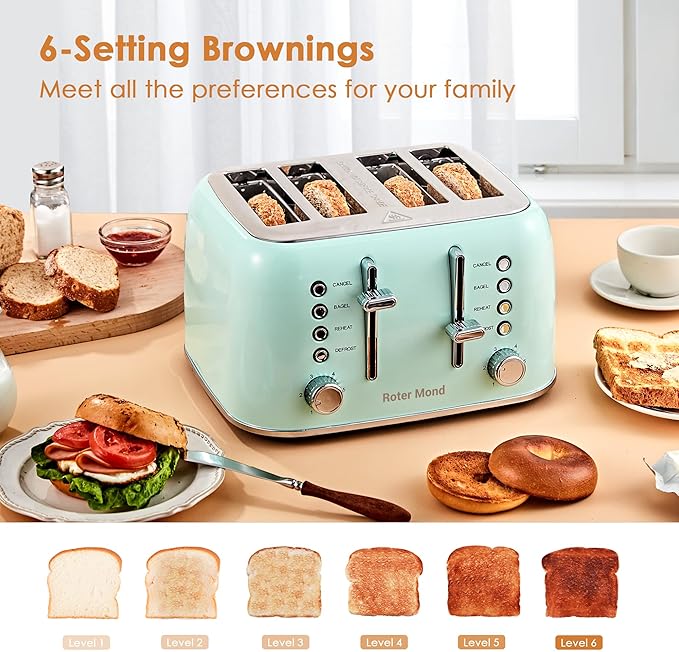 Roter Mond Toaster 4 Slice Retro Stainless Steel with Extra Wide Slots Bagel, Defrost, Reheat Function, Dual Independent Control Panel, Removable Crumb Tray, 6 Browning Levels, Aqua Green