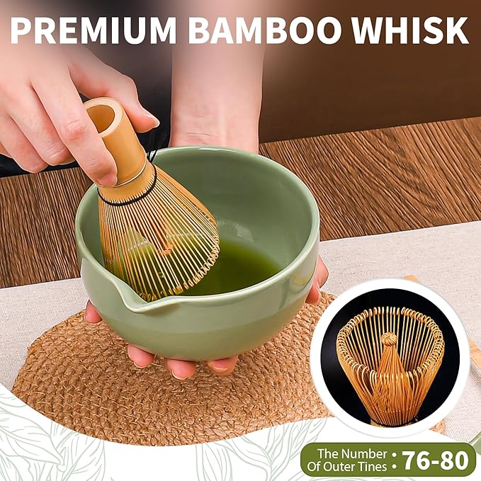 Matcha Whisk Set, 7 Pcs Matcha Kit with Matcha Bowl, Spout, Whisk and Holder, Bamboo Scoop and Stainless Steel Sifter, Japanese Matcha Set for Ceremony, Gift for Matcha Lover