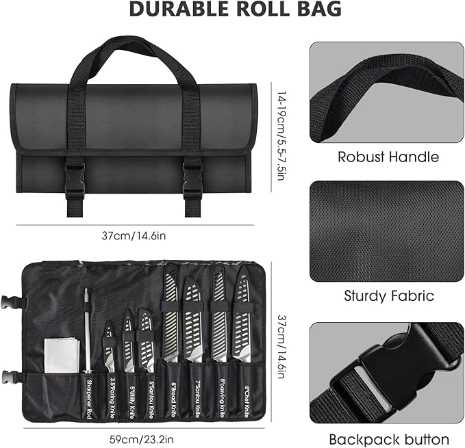 12PCS Portable Knife Set,High Carbon Stainless Steel Professional Kitchen Knife Set,Knife Sharpener With Knife Roll Bag,Suitable for Outdoor Travel,Camping,Barbecue