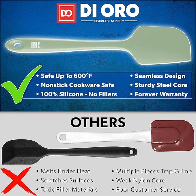 di Oro Living Silicone Spatula Set - Rubber Kitchen Spatulas for Baking, Cooking, Mixing - 600°F Heat-Resistant & BPA Free Silicone Scraper Spatulas for Nonstick Cookware - Dishwasher Safe (3pc, Sage)