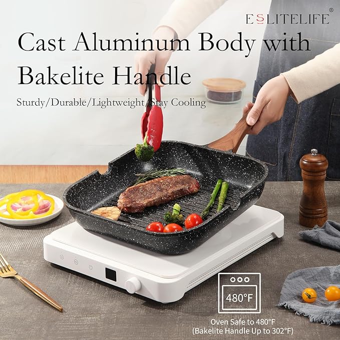 ESLITE LIFE 11 Inch Nonstick Grill Pan with Lid for Indoor Cooking, Versatile Induction Square Large Grilling Skillet Steak Pan for Stove Tops, PTFE & PFOA Free, Black