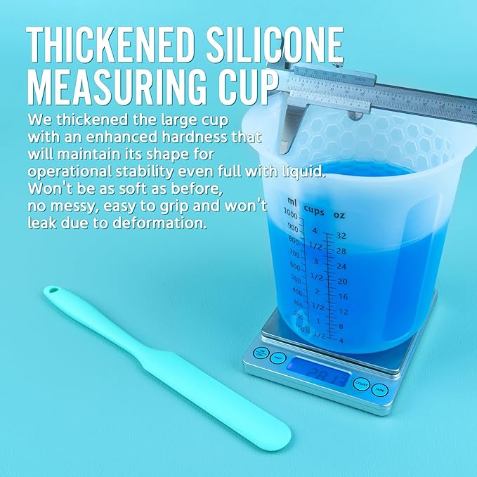 Silicone Resin Mixing 1L Measuring Cup Set for Resin Supplies, Easy-to-Read Marks, 1000ml/32oz Large Cup, Thickened Reusable Silicone Cups for Epoxy Mixing, Jewelry Making