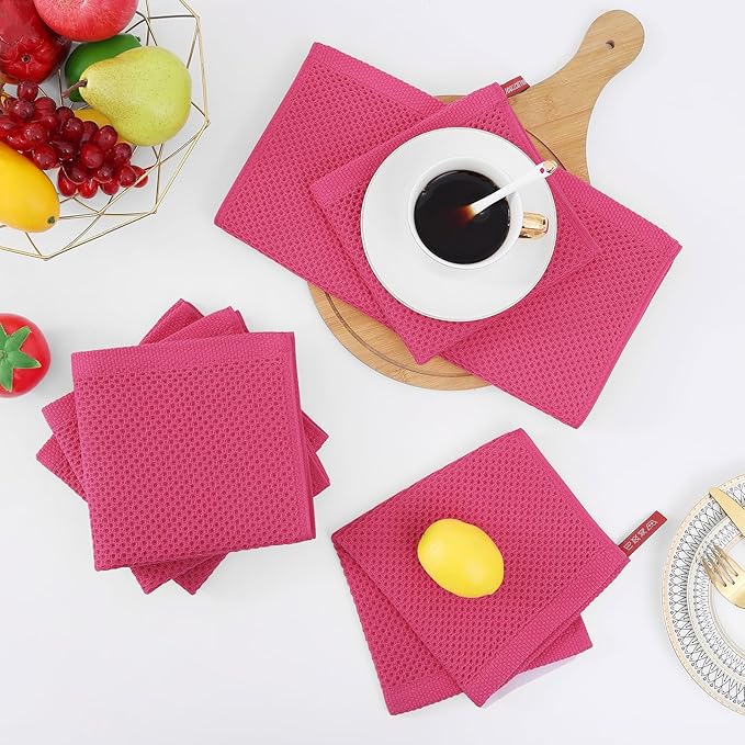 Homaxy 100% Cotton Waffle Weave Kitchen Dish Cloths, Ultra Soft Absorbent Quick Drying Dish Towels, 12 x 12 Inches, 12-Pack, Hot Pink