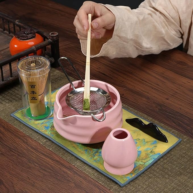 Pink Matcha Whisk Set 5pcs Matcha Set With A Bowl, Mini Whisk And Holder, Bamboo Scoop And Stainless Steel Sifter Perfect Matcha Kit For Gifts