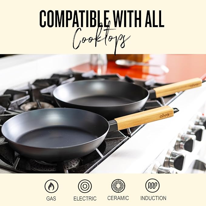 Alva Forest 8" Carbon Steel Frying Pan – Naturally Nonstick, Pre-Seasoned, with Acacia Wood Handle, Made Without PTFE, PFOA, PFAS – Sustainable Belgian Design, Induction & All-Stovetop Safe