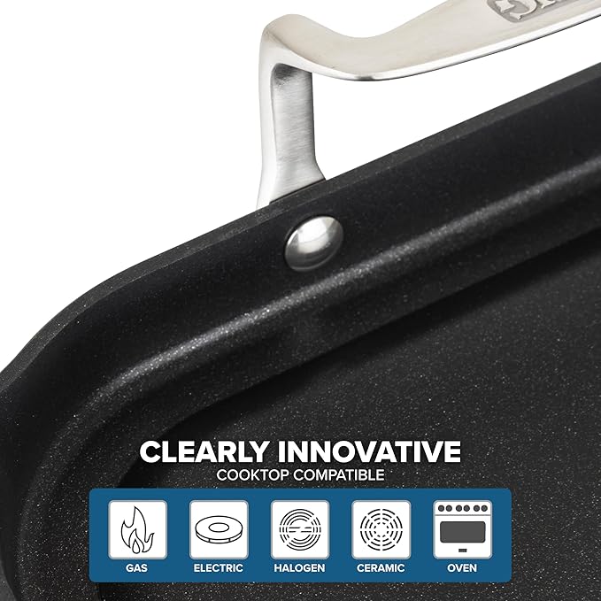 Viking Non Stick Double Burner Griddle, Hard Anodized Nonstick Kitchen Cookware Grill Pan with Handles, Oven Safe, Works on Electronic, Ceramic, and Gas Stove Tops, 19 x 11 Inch