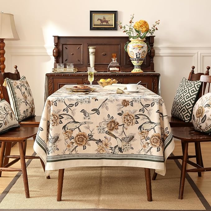 ISAENNE Designer Vintage Linen Extra Long Tablecloth Rectangle,Floral and Bird Pattern Elegant Table Cloth,Fall Wrinkle Resistant Decor Tablecloths for Dining Kitchen Christmas,63"*110"-Murad A