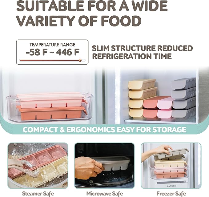Silicone Freezer Trays with Lid,1.7oz 4 Section - Leak Proof Silicone Freezer molds for Homemade Baby Food Breastmilk, Purees, Vegetables, Baby Food Jars Ice Tray with Lid BPA Free Mix Beige