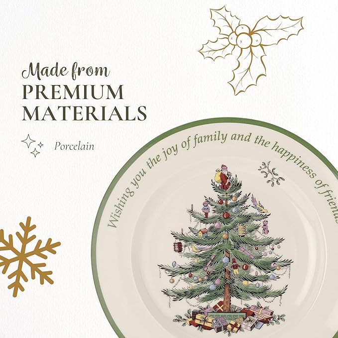 Spode Christmas Tree Sentiment Plate, 10.5-Inch Porcelain Dinner & Appetizer Dish, Holiday-Themed Serving Plate, Microwave & Dishwasher Safe, Festive Collectible Seasonal Dining