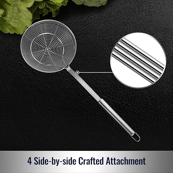 Hiware Solid Stainless Steel Spider Strainer Skimmer Ladle, Kitchen Utensils Wire Strainer Pasta Spoon, 7 Inch