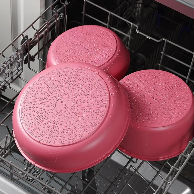 CAROTE Ceramic Sauce Pan Sets with Stand-Up Lid 2QT, 3QT & 4QT, 11 Piece NonStick Kitchen Cookware Sets with Detachable Handle, Non Toxic Cooking Pot, Oven Safe, Induction Ready, Pink