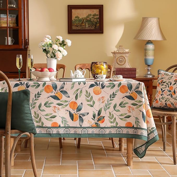 patdrea Designer Vintage Linen Rectangle Table Cloth,Framhouse Oranges and Leaves Pattern French Tablecloth,Fall Decor Cover for Kitchen Dining Christmas,Thanksgiving,63"x87"-Palladin a