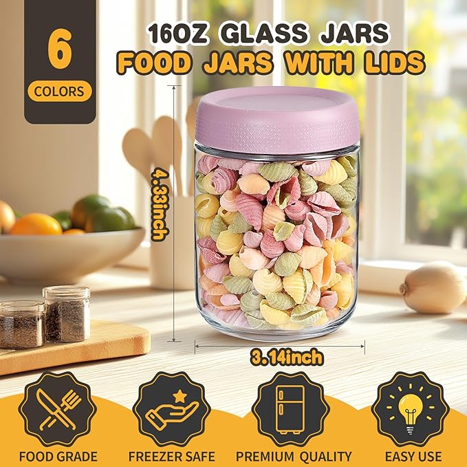 16 oz Glass Jars with Airtight Lids, Wide Mouth Mason Jars, Glass Storage Containers for Fruit, Overnight Oats, Salad Dressing, Sauce, Cereal, Yogurt, Snacks (6)
