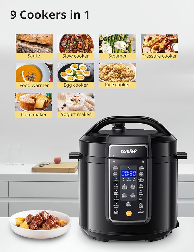 COMFEE’ 9-in-1 Electric Pressure Cooker, 14 Presets Instant Multi Slow Cooker Olla de Presion Non-Stick Pot Rice , Yogurt Maker, Sauté Steamer, Black , 6 Quarts