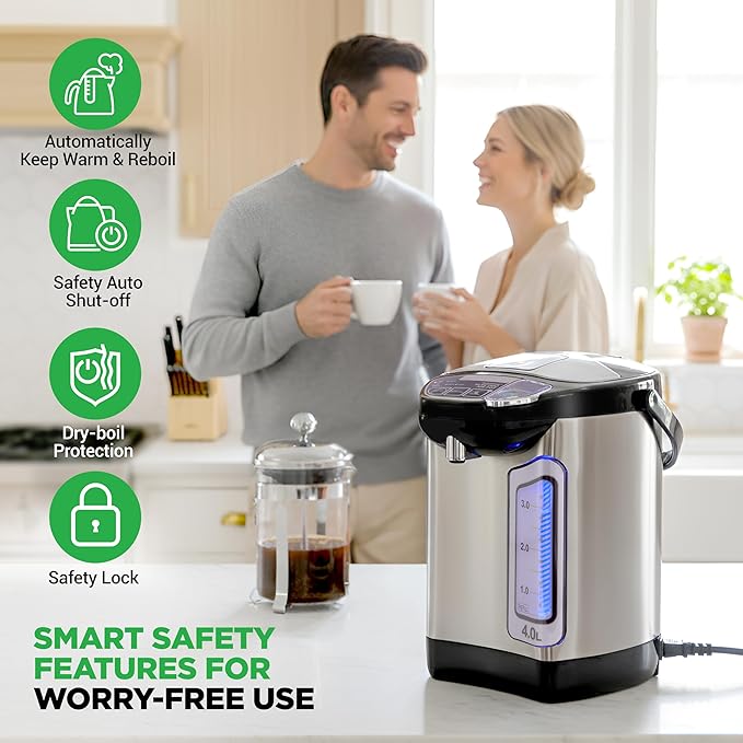 NutriChef Electric Water Boiler and Warmer - 4L/4.2Qt Stainless Steel Electric Hot Water Dispenser w/Rotating Base, Auto Shut Off, Safety Lock, Instant Heating for Coffee & Tea (NCHUB24)
