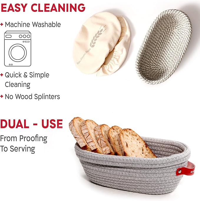 KneadAce Sourdough Starter Kit (24oz Jar, 2xOval Baskets, Gray Bread Lame)