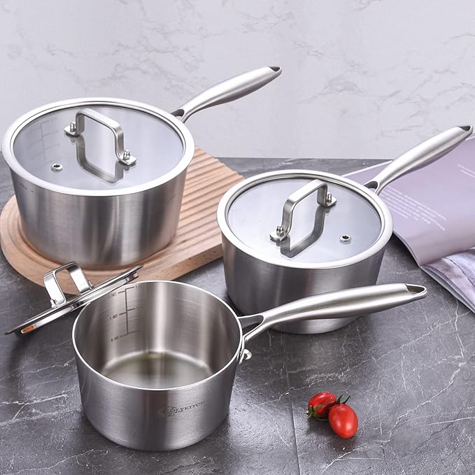 LOLYKITCh Tri-Ply 3 QT Stainless Steel Saucepan with Lid,Dia.20CM Induction Cooking Sauce Pot,Oven & Dishwasher Safe,Detachable Handle.