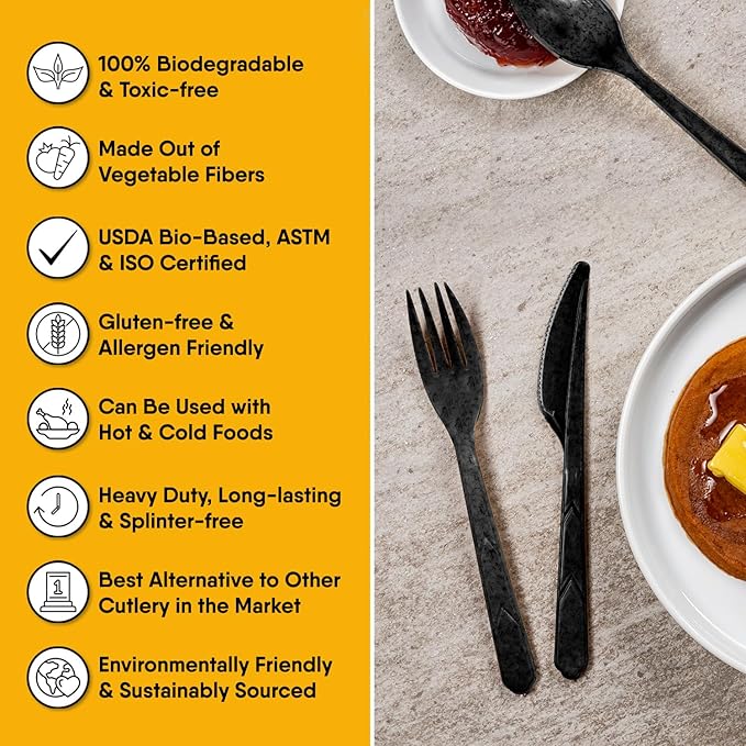 Premium Quality 100% Biodegradable Black Forks Made of Vegetable Fibers, 100 PCS of 6.7” Long Heavy-Duty and Splinter Free Eco-Friendly Forks, Perfect Sustainable Cutlery for All Types of Occasions