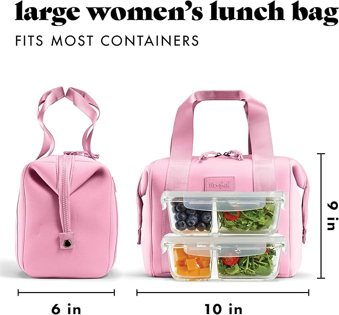 Fit & Fresh Remi Neoprene Lunch Bag For Women - Meal Prep Kit with Containers & XL Ice Pack, Self Insulating Neoprene-like Material, Machine Washable Lunch Bag, Tear-Resistant, Stain-Resistant, Pink