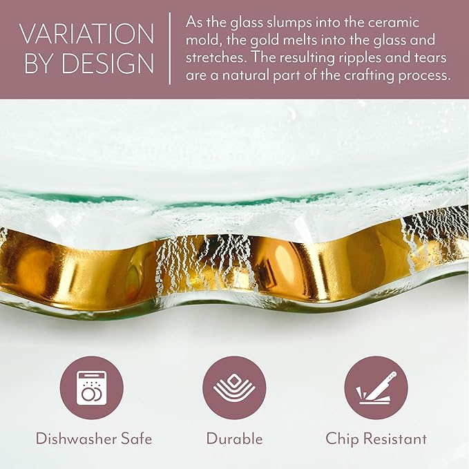 Annieglass Ruffle 11.25 x 7 Inch Rectangular Bowl with 24k Gold, Timeless Glass Tableware for all Occasions, Made in the USA