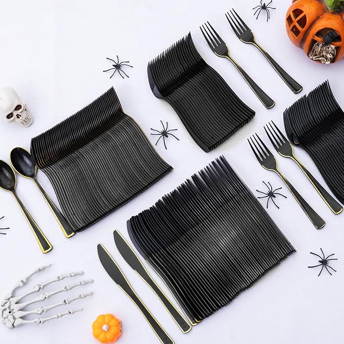WDF 180 Pieces Black and Gold Plastic Silverware -Halloween Black Plastic Cutlery Incluede 60 Forks 60 Knives 60 Spoons Heavy Duty Disposable Flatware - Gold Utensils for New Year/Party/Daily Use