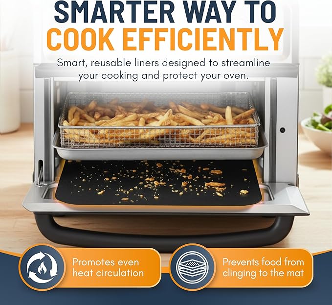 Toaster Oven Liners for Bottom of Oven (2 Pack) Reusable Non-Stick Heat Resistant Toaster Liners, Compatible with Ninja, Cuisinart, Emeril Lagasse & More, Toaster Mat, 12"x12" (Black)