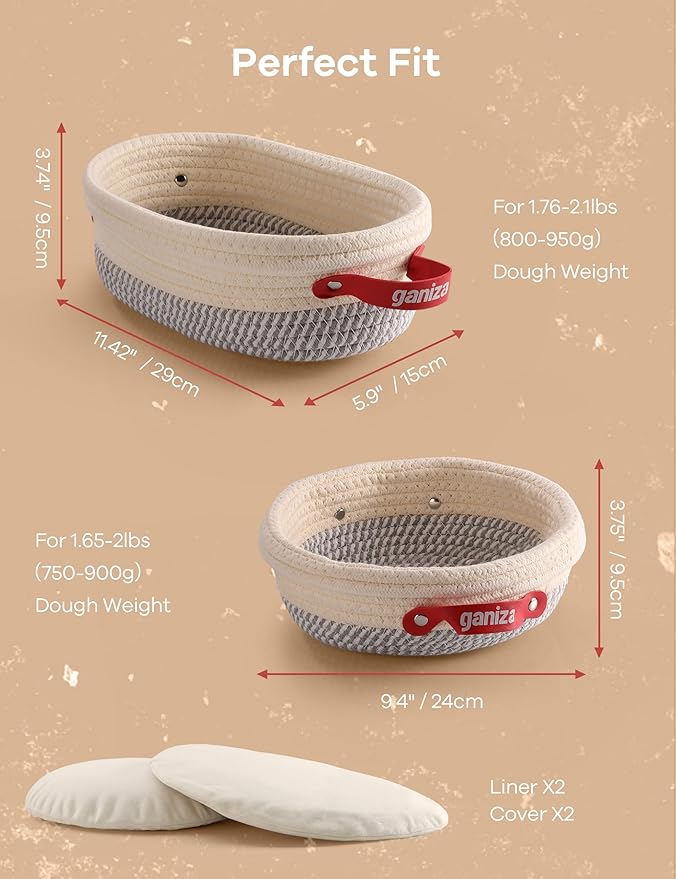 Ganiza Sourdough Starter Kit, Cotton Rope Sourdough Bread Baking Supplies, 9'' Round & 10'' Oval Banneton Basket with Liners & Covers, Sourdough Proofing Basket Kit Gifts for Bakers Women Wife Mom