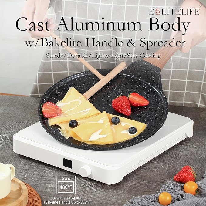 ESLITE LIFE 11 Inch Crepe Pan with Spreader, Nonstick Ceramic Flat Skillet Dosa Tawa Comales Para Tortillas Pancake Pan, PTFE & PFOA Free, Black