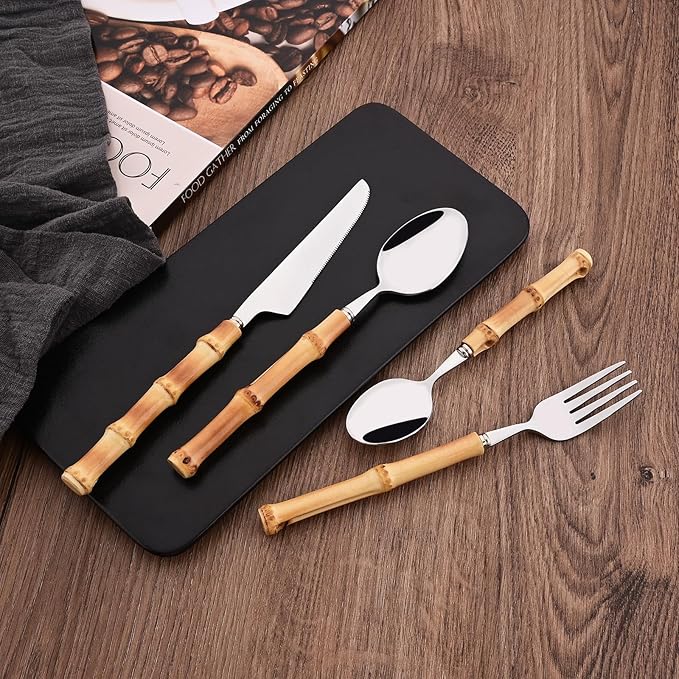 8-Piece Bamboo Handle Dinner Spoon Set, Stainless Steel Spoons for Kitchen Home and Restaurant, Mirror Polished, 8.03 inch