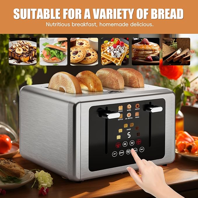 4 Slice Toaster, Touchscreen & Dual Independent Control Panel,Digital Countdown Toasters, 6 Shade Settings＆6 Bread Types, Smart Mute/Screen-Off,Silver