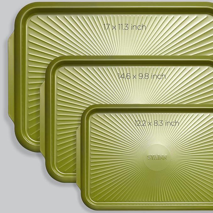 SYAINN Non-stick Ceramic Baking Sheet Set, 3 Pieces- Aluminum Steel Cookie Sheets for Baking-Includes Half/Quarter/Jelly Roll Pans-Warp Resistant, Toxic, PTFE & PFOA Free-Grenoble Green