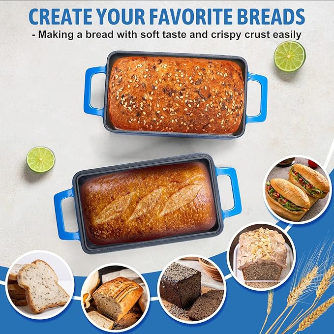 P&P CHEF 2 In 1 Enameled Cast Iron Loaf Pan with Lid, 9 x 5 Inch Bread Loaf Pans for Baking Homemade Sourdough Bread, Meatloaf, Toast, Cake, Nonstick & Healthy & Sturdy, 2 Piece Set - Blue