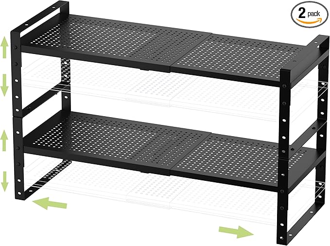 Expandable Stackable Aadjustable Shoe Rack Pantry Shelf for Kitchen Cabinets Counter Shelves Countertop Cupboard Storage Solution,Sturdy Heavy-Duty Metal Construction(2Packs/Black/Medium)