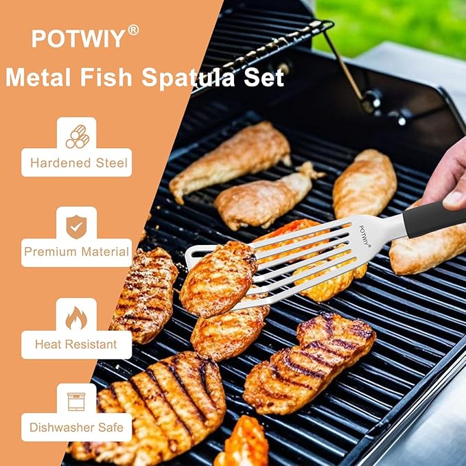Stainless Steel Fish Spatula, Metal Fish Turner with Silicone Handle, Kitchen Slotted Spatula for Cast Iron Skillet Cooking and Grilling, Beveled Edge and Curved Blade, 13.5 Inch