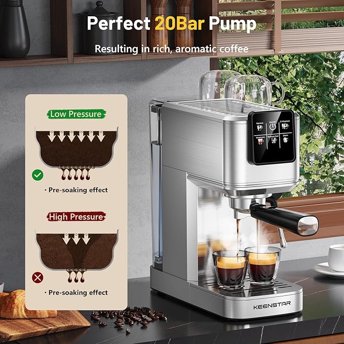 KEENSTAR 20Bar Espresso Machine with Hot & Rapid Cold Brew, Stainless Steel Coffee Makers, Espresso Maker with Milk Frother Steam Wand, Touch Screen with Water Tank for Latte, Cappuccino, Gift