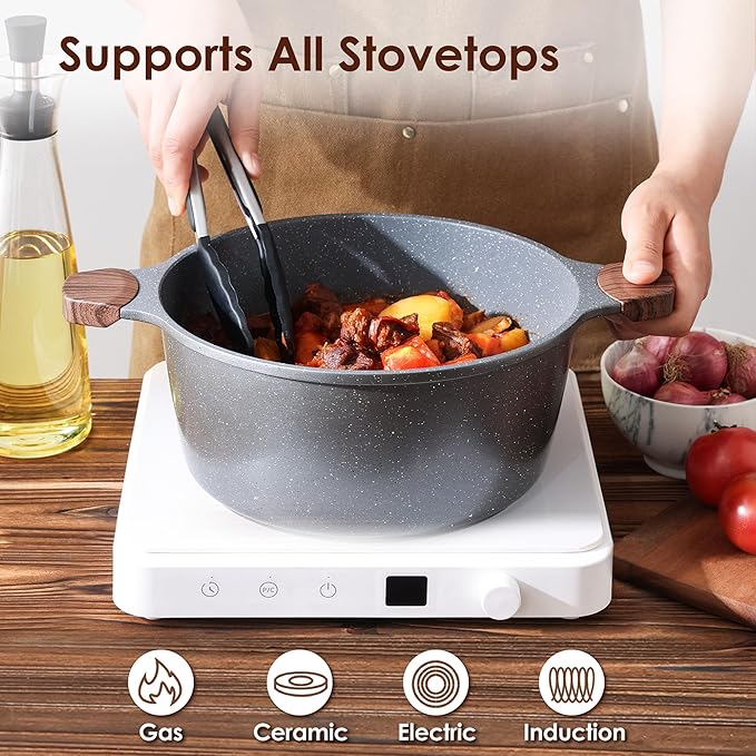 SENSARTE Nonstick Stock Pot with Lid, 4.5 Quart Induction Cooking Pot with Tempered Glass Lid, Stew Pot with Swiss Nonstick Granite Coating, PFOA PFOS APEO Free, Gray
