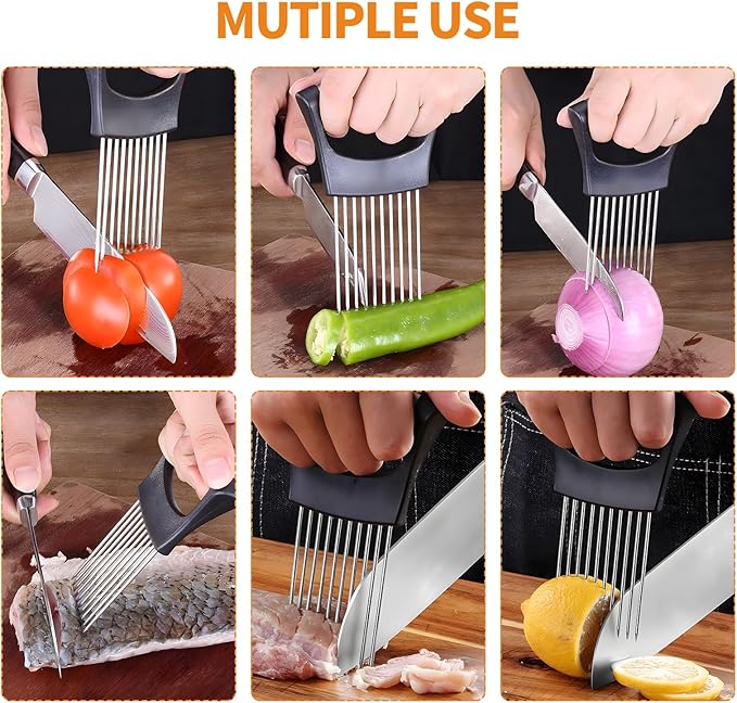 1PC Onion Holder for Slicing, Upgraded Stainless Steel Onion Slicer Holder with Ergonomic Handle, Tomato Cutter, Vegetable Slicing Tool, Meat Tenderizer, Kitchen Food Cutting Gadget