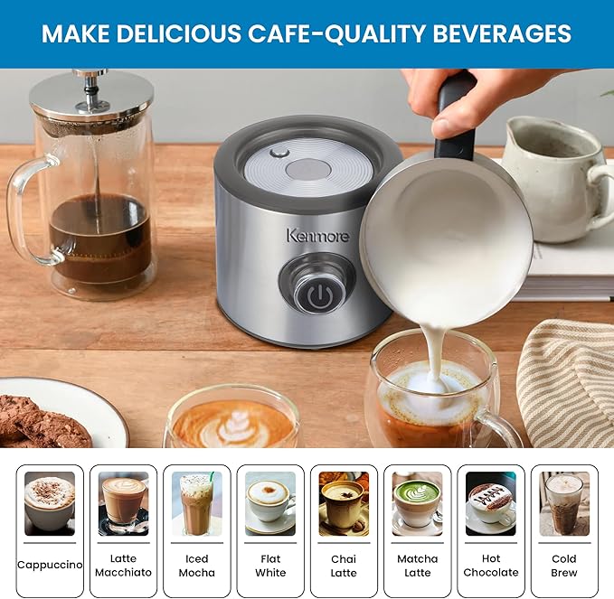 Kenmore Electric Milk Frother- Hot & Cold Milk Steamer and Foam Maker for Coffee, Lattes, Cappuccino, Portable Milk Heater and Foamer for Espresso, Home Brewing, Automatic Milk Steamer
