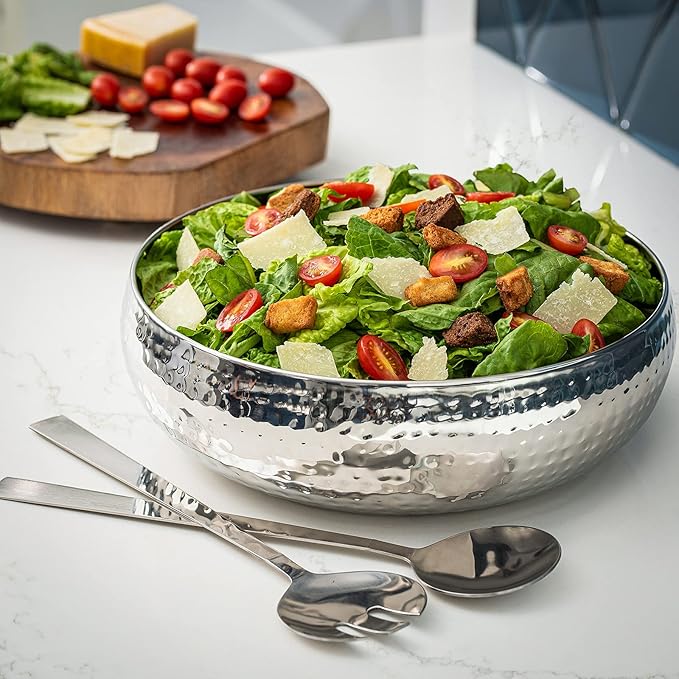 Salad Bowl and Serving Utensils - Hammered Detailing - Stainless Steel Mixing Bowls with Lids- Luxurious Serving Bowls (12" Hammered Salad Bowl)
