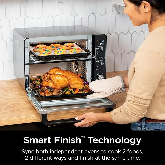 Ninja 10-in-1 Multi-Cooker Double Oven with FlexDoor, FlavorSeal & Smart Finish – Rapid Top Convection, Air Fry Bottom, Bake, Toast, Pizza & More – Stainless Steel, DCT400