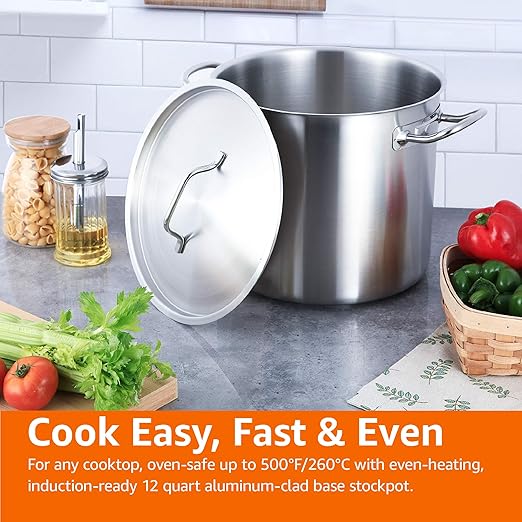 Amazon Basics 12 quarts Stainless Steel Aluminum-Clad Stock Pot with Cover
