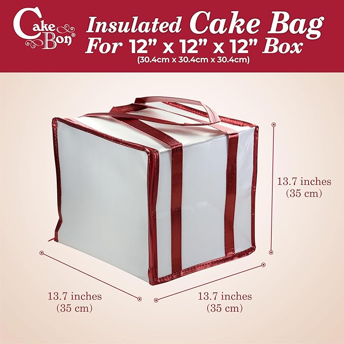 Cakebon Cake Box and Boards, 12-Inch Round Gold Smooth Edges 1/2- Inch Thick Drums with Insulated Bag and Ice Pack – Cake Transport Set, Cooler for Cake Delivery and Transport (1pc Each, 4pcs Total)