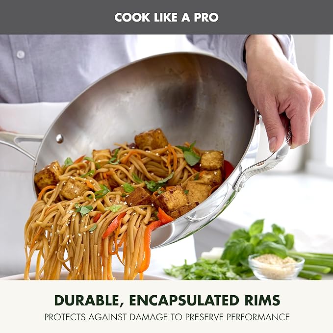 GreenPan Valencia Tri-Ply Stainless Steel 12" Wok Pan with Lid, Induction Ready Skillet, Mirror Finish, Dishwasher Safe & Oven/Broiler Safe to 600F, Compatible with All Cooktops, Silver